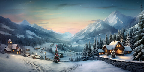 A beautiful christmas village in the mountains winter landscape with chirstmas background  - obrazy, fototapety, plakaty