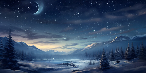 A snowy landscape moon at midnight with a starry night sky and snow covered trees chirstmas background 