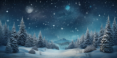 Christmas background with snowy fir trees and presents