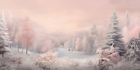 A pink winter scene with a pink and white tree in the chirstmas background