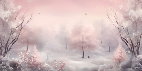 There is a small snow covered forest with pink trees and pink sky background