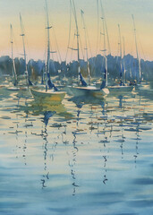 A landscape with yachts in the evening light watercolor