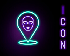 Glowing neon line Alien icon isolated on black background. Extraterrestrial alien face or head symbol. Colorful outline concept. Vector