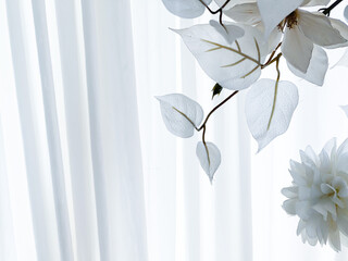 Background for design, white curtains, beautiful wallpaper, space for text.