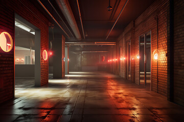 A hazy hallway with brick walls, glowing spotlights, and a concrete floor, forming a retro-style...