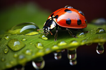 A ladybug on a leaf with water droplets on its legs. 