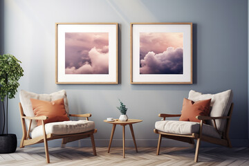 a mockup for small size wall art, set of 2 frames, small wall art, home office, office, realistic picture like view, modern style interior, colors, , light and shades