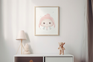 a mockup of painting in frame on a wall, light and shadow, kids roommood, scandinavian interior, no background, white background