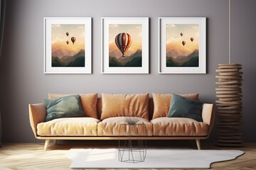 a mockup for small size wall art, set of 3 frames, small wall art, kids room, realistic picture like view, modern style, light and shades
