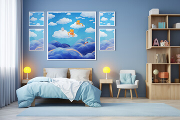 a mockup for wall art, kids room, light, shades, colors vibrant blue