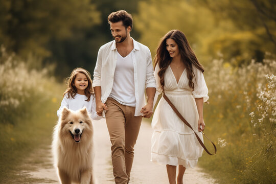 a family walking in the countryside and their dog, in the style of light beige and light amber, romantic compositions, refined details, bold chromaticity, stylish