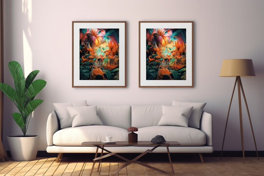 a mockup for small size wall art, set of 2 frames, small wall art, home office, office, realistic picture like view, modern style interior, colors, , light and shades