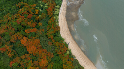 Aerial Beautiful Sea sand beach. Landscape of paradise tropical island beach, beach landscape. Beautiful seascape over the sea beach.