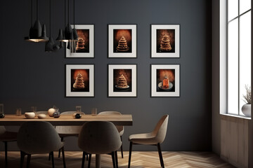 home wall art gallery mockup, modern, minimalistic style, dark calm colors, kitchen, light, shades