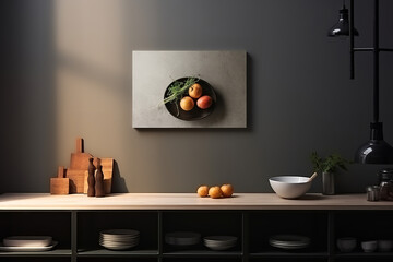 home wall art gallery mockup, modern, minimalistic style, dark calm colors, kitchen, light, shades