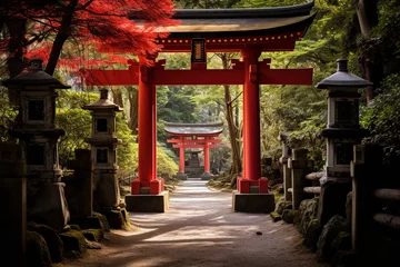 Fotobehang photography, A traditional Japanese torii gate stands majestically at the entrance of a lush, peaceful pathway,  © Nate