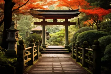 Zelfklevend Fotobehang photography, A traditional Japanese torii gate stands majestically at the entrance of a lush, peaceful pathway,  © Nate
