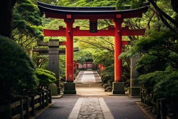 photography, A traditional Japanese torii gate stands majestically at the entrance of a lush, peaceful pathway, 