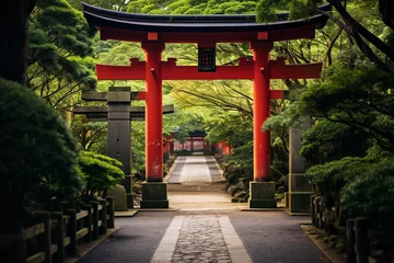 Fotobehang photography, A traditional Japanese torii gate stands majestically at the entrance of a lush, peaceful pathway,  © Nate