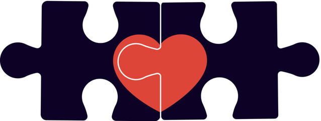 Two puzzle pieces with heart in between. Simple shape puzzle game. Minimalistic puzzle icon with heart, logo design. Togetherness, creativity, cooperation, partnership concept. Isolated vector.
