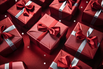 top-down view of gift boxes with ribbons, festive red and shiny silver. 
