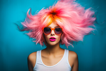 Portrait de jeune femme avec les cheveux colorés en rose - obrazy, fototapety, plakaty
