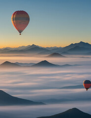 "Morning fog and mountains with hot air baloons at sunrise" 