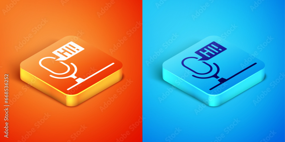 Wall mural Isometric Microphone voice device icon isolated on orange and blue background. Microphone interpreter and alphabet letters. Vector