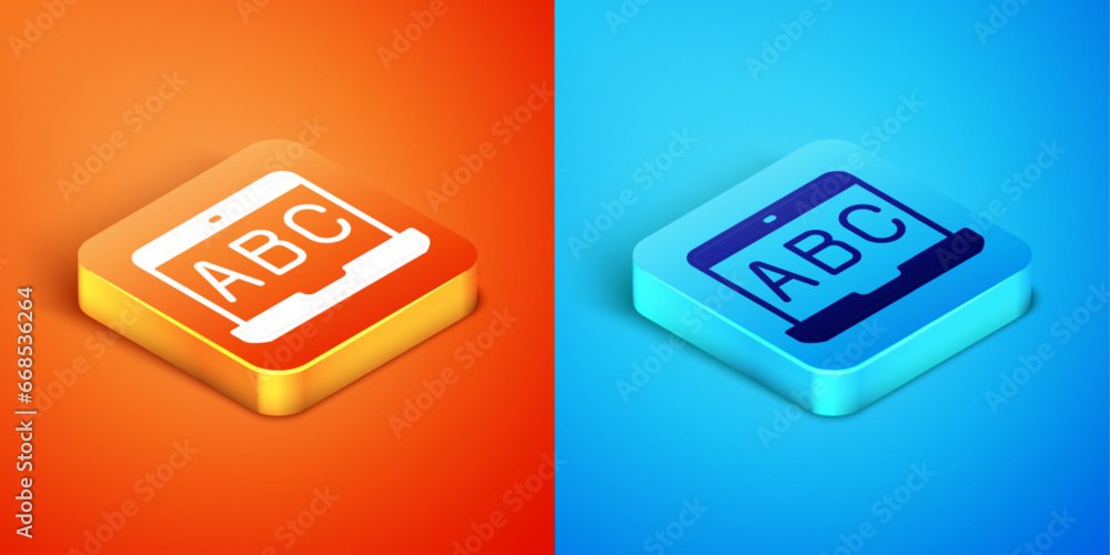 Poster isometric e-learning of different foreign languages icon isolated on orange and blue background. vec