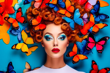 Femme maquillée  avec des papillons de couleurs dans ses cheveux bouclés, portrait de mode