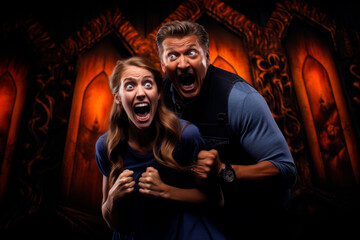 fear exiting a haunted house in amusement park. AI generative.