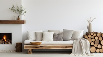 Fototapeta na wymiar White sofa with blanket and wooden coffee table next to fireplace with firewood stack. Minimalist scandinavian home interior design of modern living room. Generative AI