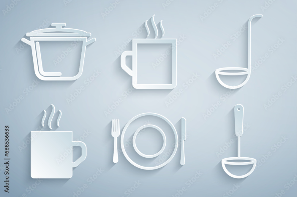 Sticker set plate, fork and knife, kitchen ladle, coffee cup, and cooking pot icon. vector