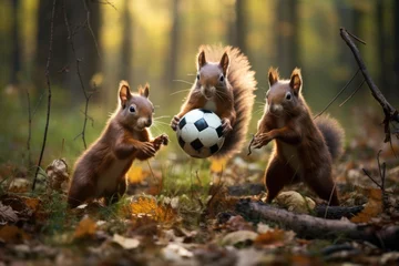 Fotobehang squirrel on the grass playing soccer © Tamara