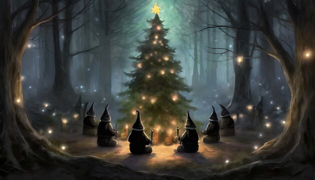 Gnomes around a dark christmas tree