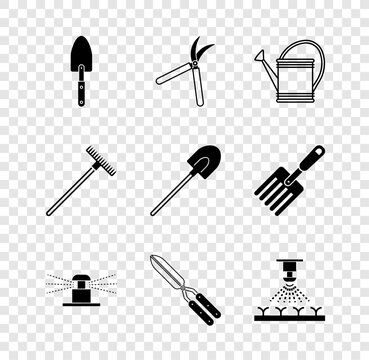 Set Garden trowel spade or shovel, Gardening handmade scissor, Watering can, Automatic irrigation sprinklers, rake and icon. Vector