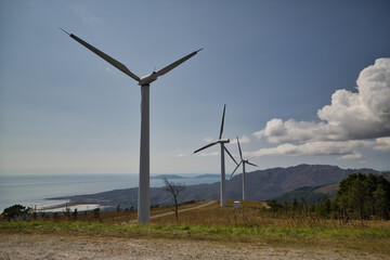 Formation of several wind turbines placed on a mountain facing the ocean. Concept renewable energy, electricity, environment, ecology, sustainability.