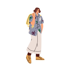 Modern young man in stylish outfit. Trendy handsome guy standing in fashion summer clothes, casual apparel, shirt and pants, posing with backpack. Flat vector illustration isolated on white background