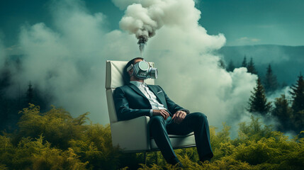 Homme assis dans un jardin et portant un masque à gaz devant un nuage de fumée - obrazy, fototapety, plakaty