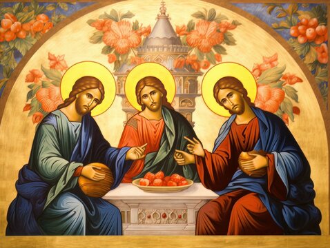 Orthodox icon The Old Testament Trinity style, oil illustration AI