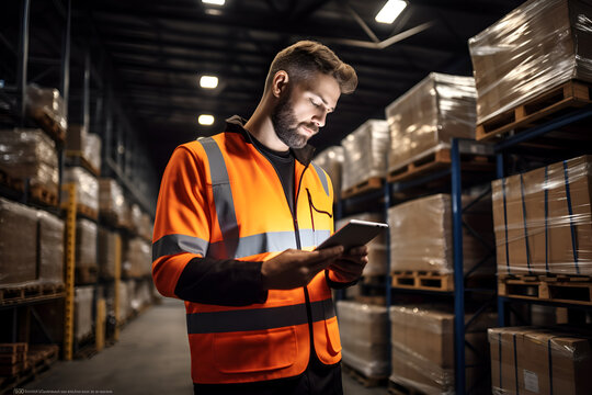 Male factory manager using digital tablet in warehouse while standing against goods shelf 