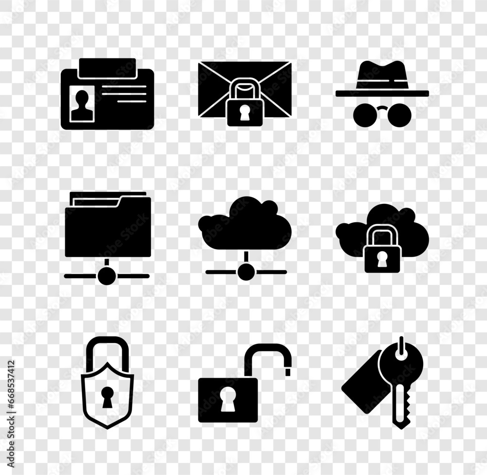 Poster set identification badge, mail message lock password, incognito mode, lock, open padlock, marked key