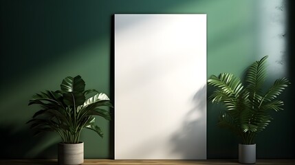 Mockup poster frame in minimalist interior background with dark green wall and plants. Generative AI