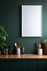 Mock up white poster frame in kitchen interior and accessories with dark green wooden slatted wall background, no text Generative AI