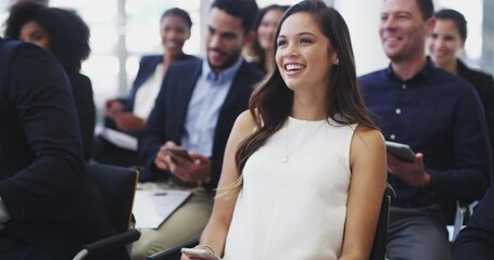 Conference, audience or business woman laugh at funny report, presentation speech or corporate training joke. Comedy, tradeshow humour or convention crowd, group or employee at sales lecture workshop