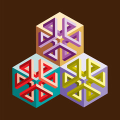 Three colorful isometric patterns of 3D cubes in perspective