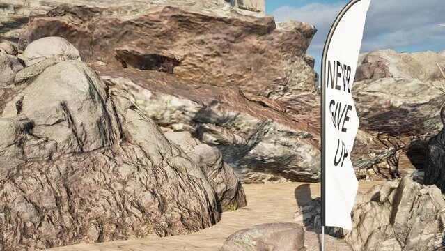 Modellazione 3D con video di bandiera al vento con scritta NEVER GIVE UP su ambiente roccioso