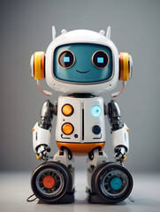3D rendering of a cute robot with an orange cap isolated on gray background