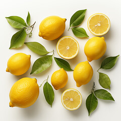 Pictures of lemons in many styles The lemon is cut in half and placed on a white background.