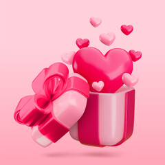 Vector 3d Valentines gift box concept. Cute love pink open present with red ribbon, bow and hearts. Realistic 3d render glossy surprise illustration for Valentines day, Mothers Day, Wedding, web.